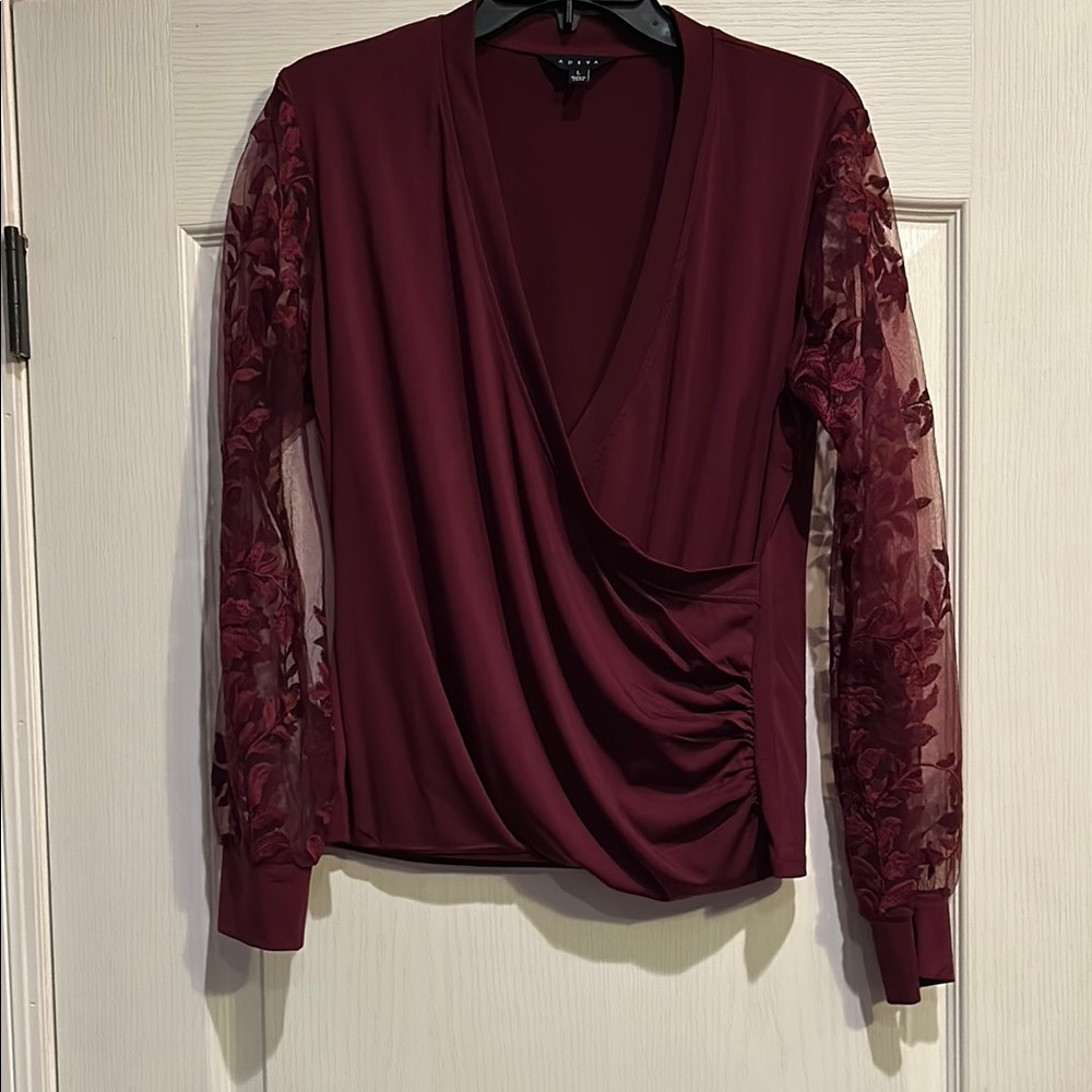 Adiva Deep Red Wrap Blouse with Sheer Sleeves